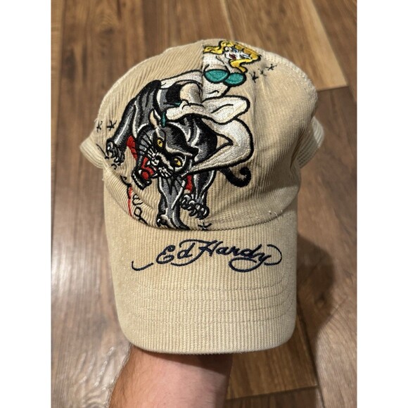 Y2K Ed Hardy By Christian Audigier Trucker Hat Panther + Lady Tattoo Corduroy - Picture 1 of 6